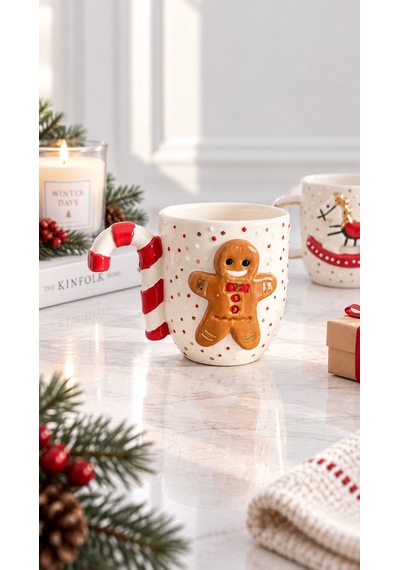 Kurabiye Adam Figürlü El Yapımı Seramik Mug 300 Ml 24k Altın Kahverengi - Altın
