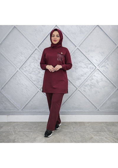 Esra Butik78 Bordo Taş Detaylı Tesettür Tunik Pantolon İkili Takım Günlük Spor Şık Kombin