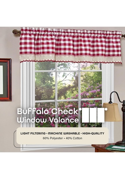 Lexroo Home Furnishings Valance Buffalo Check Window Curtain, 58" X 14", Burgundy & Fildişi Çok Renkli