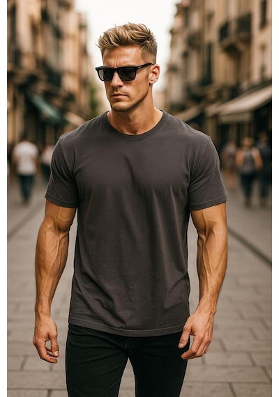 Rich Erkek %100 Pamuk Oversize Tişört Basic Bisiklet Yaka Kısa Kollu T-shirt Gri