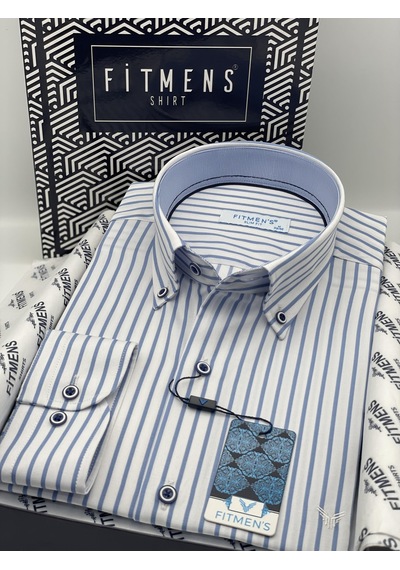 Slim Fit Uzun Kol Premium Kalın Çizgili Yaka Düğmeli Hediye Kutulu Kolay Ütülenebilir Erkek Gömlek Fs-001375 - Beyaz Açık Mavi-1494
