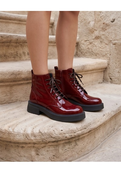Futsishoes Ravenna Bordo Hakiki Rugan Deri Bağcıklı Kalın Taban Günlük Kadın Bot