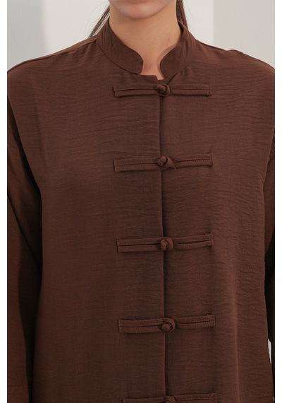 Bigdart Kadın Oversize Gömlek Pantolon Keten İkili Takım 30126 - Kahverengi