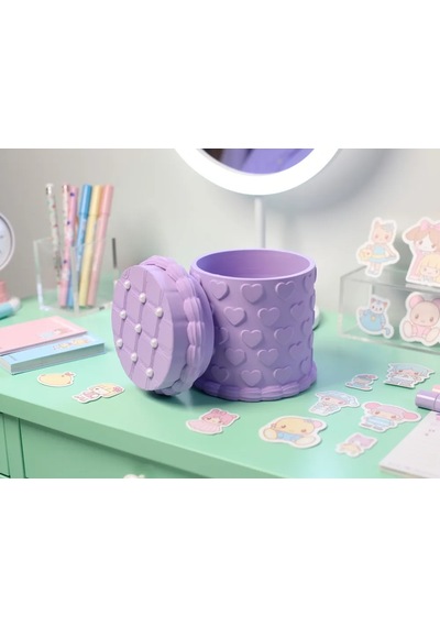 3d Baskı Kabartma Kalp Desenli Kapaklı Kalemlik - Masaüstü Organizer - Mor Çok Renkli