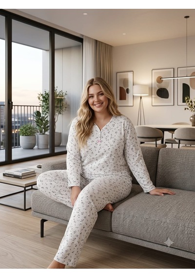 Büyük Beden Uzun Kol Pamuklu Likralı İnterlok Kumaş Pijama Takımı Pembe