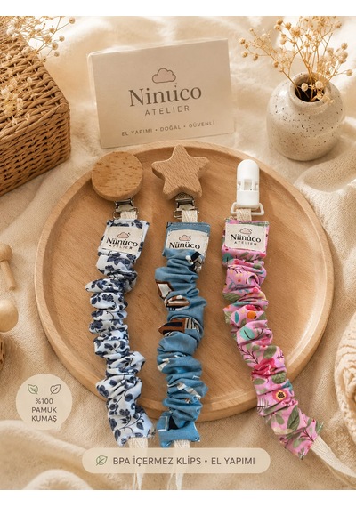 Nunuco Atelier El Yapımı Emzik Askısı %100 Pamuk Kumaş Bpa İçermez Klips Güvenli Emzik Tutucu Açık Mavi