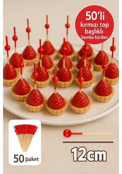 50 Li Kırmızı Top Başlıklı Bambu Kürdan Tatlı, Kanape Ve Kokteyl Sunum Kürdanı