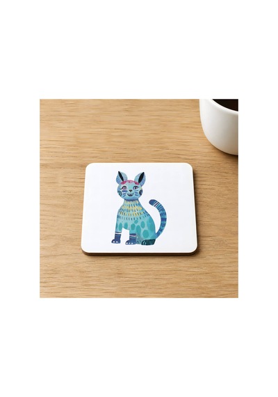 Mavi Kedi Baskılı 9x9 Cm Kare Mdf Bardak Altlığı Ahşap Model 00639 Çok Renkli