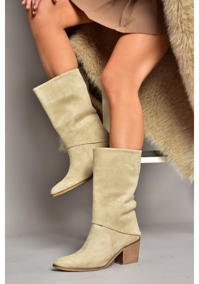 Fox Shoes T936042502 Bej Kalın Alçak Topuklu Kadın Bot Bej-süet Bej
