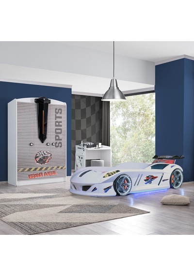Setaymobilya Sports Çocuk Odası - Jaguar Arabalı Yatak, Dolap, Masa - Beyaz