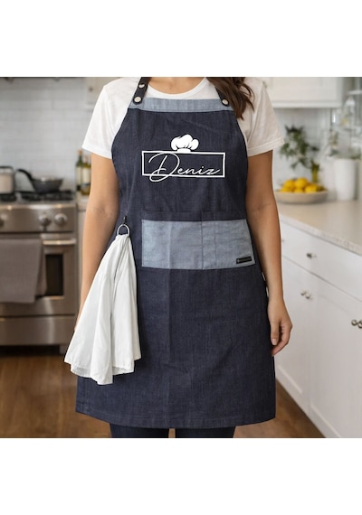 Bk Gift Kişiye Özel İsimli Pamuk Denim Havlu Detaylı Mutfak Önlüğü -4, Aşçı Ve Şef Önlüğü, Ev Hediyesi Kobitmeyencom36588 Bk Gift Renkli