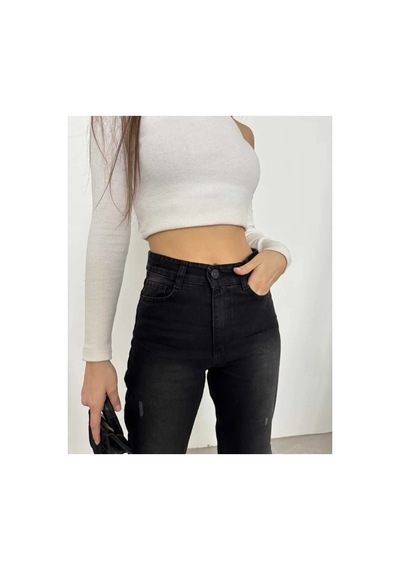Kene Jeans Yüksek Bel Siyah Çift Diz Lazer Yırtık Mom Jeans Siyah