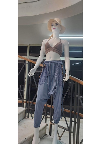 Bohem Stil Kadın Beli Bağlamalı Saçak Detaylı Bohem Şalvar-9241 Kot Mavisi Mavi