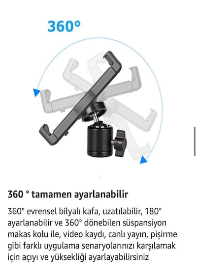 Teleskopik Tablet-telefon Tripodu 360 Derece Ayarlanabilir Masaüstü Süspansiyonlu Üst Çekim Yayıncı Standı Siyah