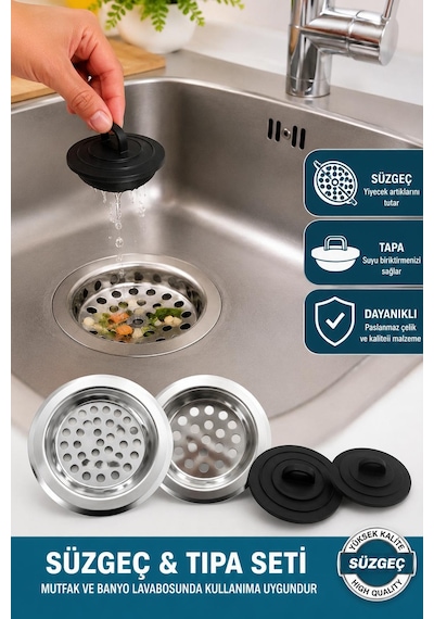 4 Parça Lavabo Süzgeç Ve Tıpa Seti Paslanmaz Çelik Mutfak Banyo Gider Süzgeci Gider Kapağı Çok Renkli