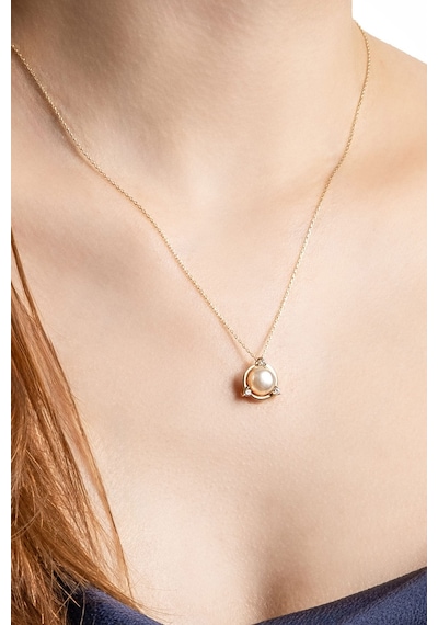 Diamond Collection 14 K Sarı Altın 0,11 Karat Pırlanta Doğal İnci Kolye Sarı