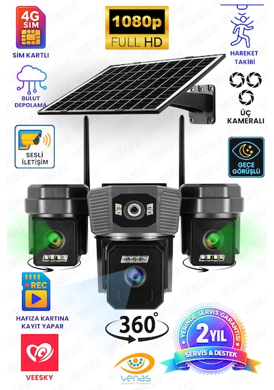3 Kameralı Sim Kartı İle Çalışan Gece Görüşlü Solar Güvenlik Kamerası