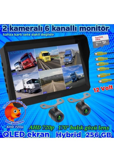 2 Adet Ledsiz Ahd 720p Balık Gözü Kelebek Kamera 6 Kanallı Qled 10'' Dvr Monitör 12 V 256 Gb