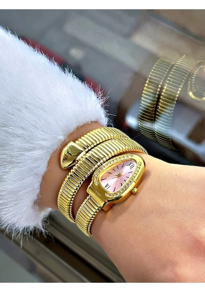 Limited Edition Serisi Özel Tasarım Yılan Modeli Metal Kordon Kadın Kol Saati Pembe