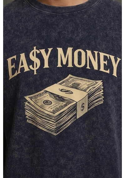 Technomonkey Lacivert Yıkamalı Retro Erkek Easy Money Baskılı Tişört