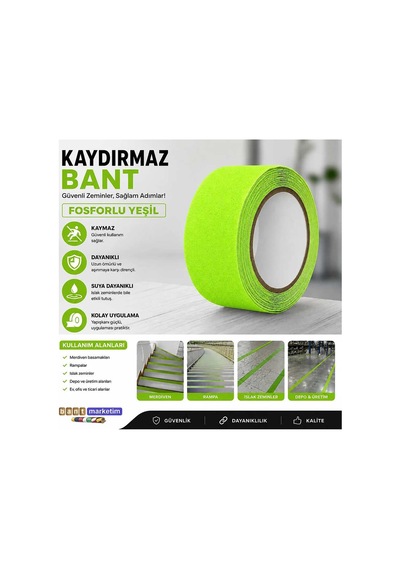 Yeşil Fosforlu Kaydırmaz Bant 5cmx5m Yeşil Fosforlu Merdiven Kaydırmaz Bandı Bant Marketim