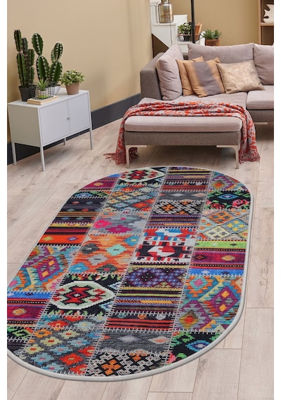 Dijidekor Halı Çok Renkli 9010 Yıkanabilir Oval Kesme İnce Yo... Diğer