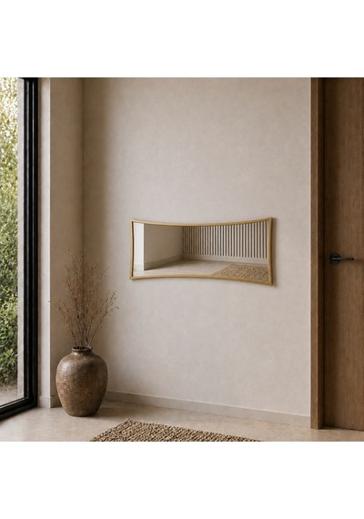 Modern Çerçeveli Boy Aynası 40x120 Cm Kavisli Minimalist Dekoratif Duvar Aynası Altın