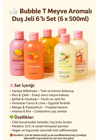 Bubble T Duş Jeli 6 Lı Set 500ml Vanilya, Muz, Şeftali, Hindist