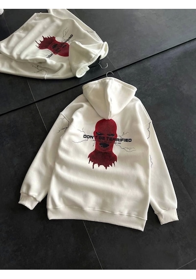 Üç İplik Kapşonlu Baskılı Oversize Sweatshirt- Beyaz Beyaz