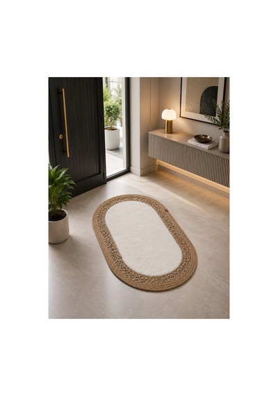 Oval Örgü Desenli Pelüş Detaylı 2'li Kahverengi Hasır Dekoratif Paspas 60x100 / 50x60 Kahverengi Kahverengi