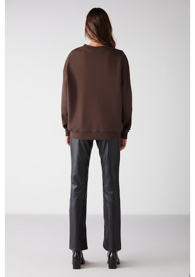 Grimelange VANELTINA  Kadın Organik Pamuklu Yumuşacık İçi Polarlı Yuvarlak yakalı Kahverengi Sweatshirt