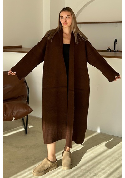 Olcay Oversize Kalın Triko Uzun Hırka Kahve 8274