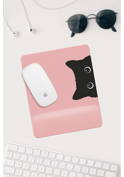 Pembe Kedi Çizimli Bilek Destekli Dikdörtgen Mouse Pad Mouse Altlığı. Mousepad