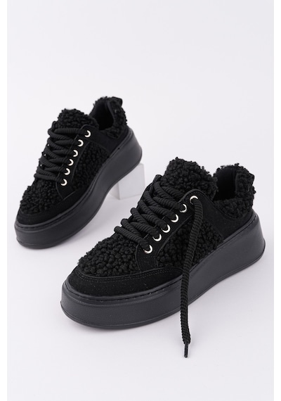 Muggo Fleecy Kalın Taban Bağcıklı Peluş Detaylı Kadın Kışlık Sneaker Spor Ayakkabı Siyah
