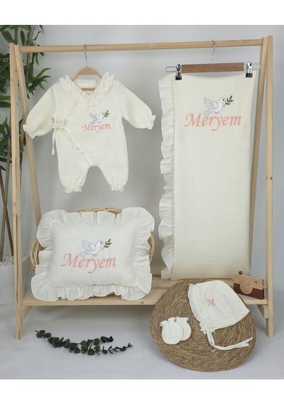 Gros Shop Müslin Yeni Doğan 4katlı Organik %100pamuk Kişiye Özgü Nakışlı Hastane Çıkış Seti Kuş Model-3 Ekru-1