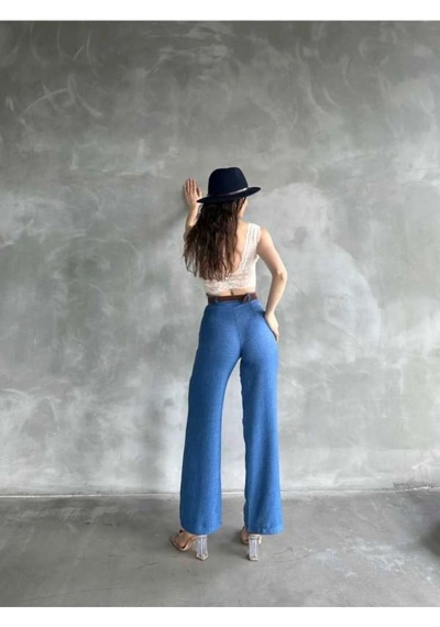 Kadın Yazlık Trend Beli Kemerli Keten Pantolon Saks Mavi Saks Mavi