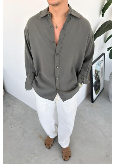 Haki Basic Oversize Modal Gömlek Haki
