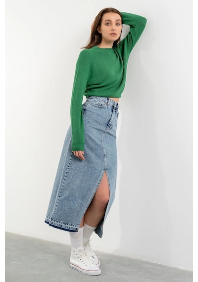 Kaizer Denim Kadın Ortadan Yırtmaçlı Etek Buz Mavi