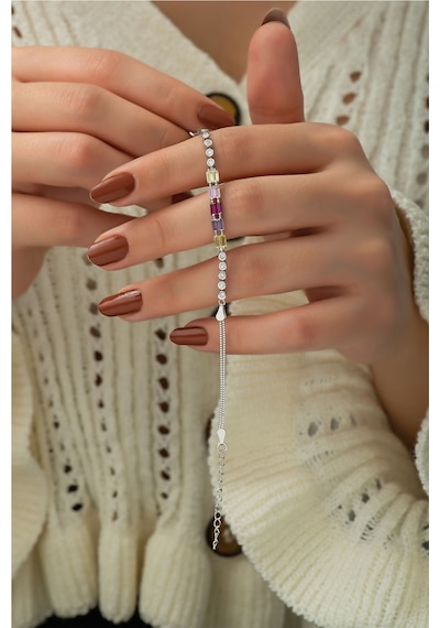 Papatya Silver 925 Ayar Gümüş Rodyum Kaplama Renkli Baget Taşlı Su Yolu Bileklik