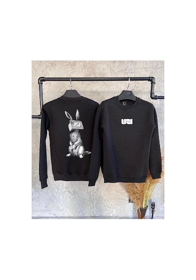 Tarzsokak Siyah Oversize Tavşan Ön Arka Baskılı Kapşonsuz 0 Yaka Pamuklu Unisex Sweatshirt