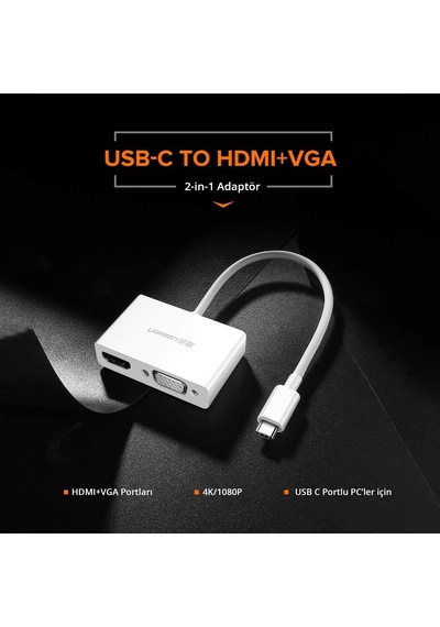 Ugreen Type C To Hdmı + Vga Dönüştürücü Adaptör, Beyaz, 30843