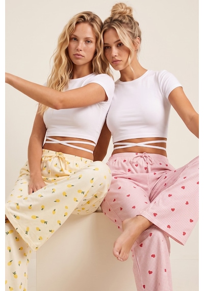 Siyah İnci 2'li Fiyonk Desenli Yumuşak Tuşe Kışlık Örme Tek Alt Pijama Altı 8074 Pembe Ekose Sarı Limon