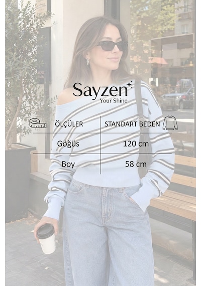 Sayzen Your Shine Trend Kayıkçı Yaka Çizgili Kadın Triko Kazak Bebe Mavi