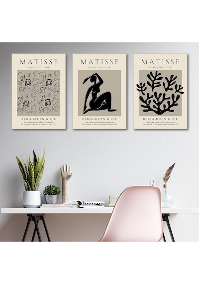Henri Matisse 3'lü Kanvas Tablo Seti - Vizon Siyah Soyut Yüz Ve Figür Çizimli Modern Duvar Tablosu Seti, 35x50 Cm Genel