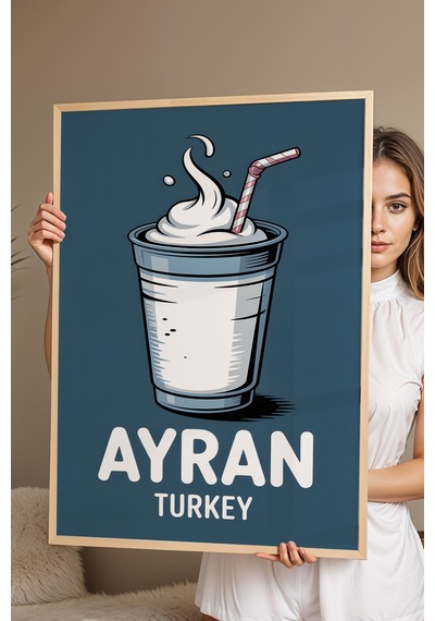 Ayran Tablo - Retro İçecek İllüstrasyon Poster - Türkiye Mutfak Kültürü Serisi - Çerçeve Duvar Dekor Kayın