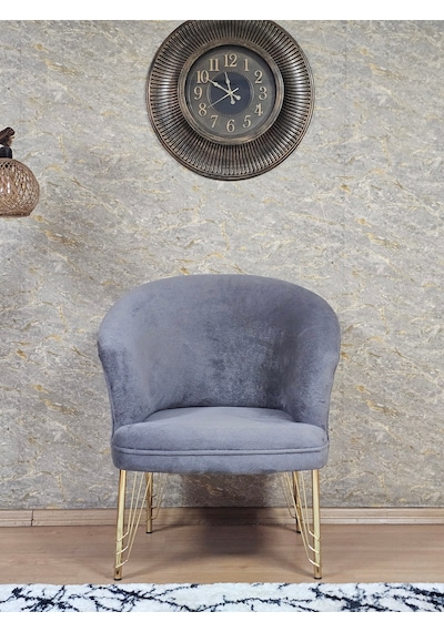 Zafir Tekli Teddy Gold Kaplama Telli Ayak Çay Seti Koltuk Tekli Berjer , Balkon, Salon, Ofis Gri