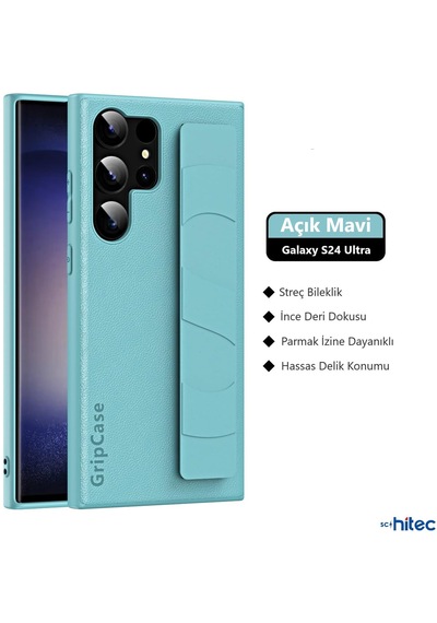 Schitec Samsung Galaxy S24 Ultra Uyumlu Premium Case Parmak Askılı Telefon Kılıfı Açık Mavi