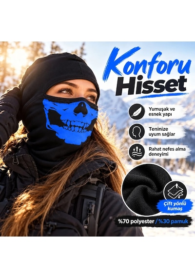 Genel Unisex Mavi Kurukafa Desenli Balaklava Kar Maskesi Siyah Tam Kafa Motorcu Boyun Siyah / Standart