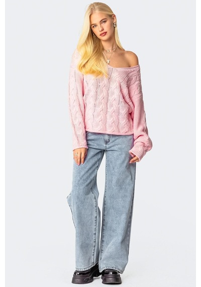 Madmext Pembe V Yaka Örgü Desen Oversize Kadın Kazak Mg2519 Pembe