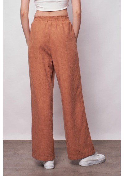 JUMENT Keten Yüksek Bel Beli Lastikli Yan Cepli Bol Paça Pantolon -camel